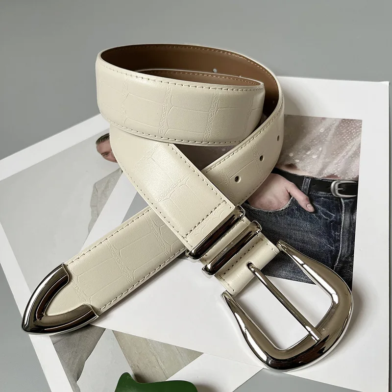Women's New Arrival Silver Pin-Buckle Reversible Two-Layer Cowhide Belt for Autumn & Winter Fashionable Waist Accessory