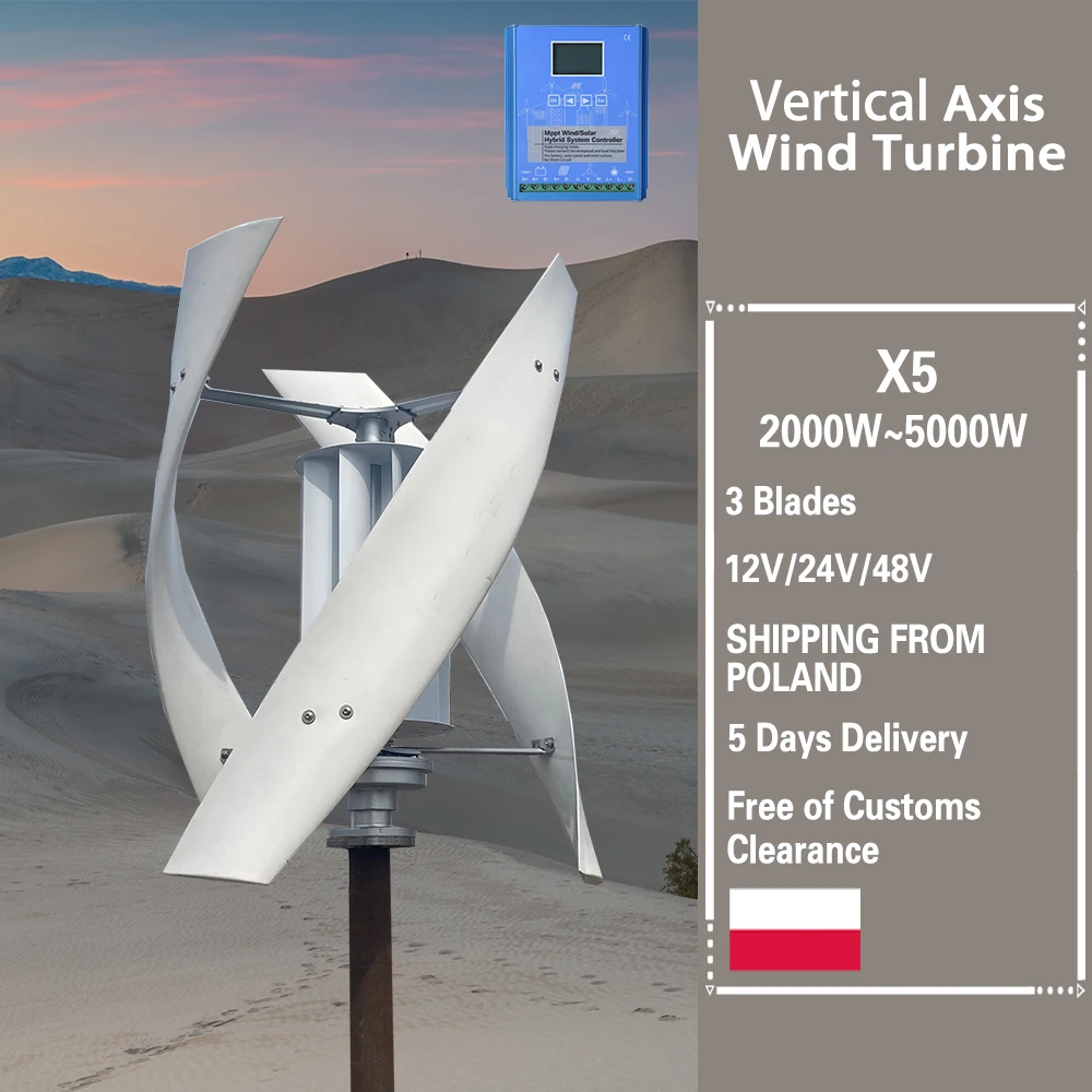 

Wind Turbine 5000w 2KW 5KW Vertical Axis Maglev Plant High Voltage Generator 24V 48V With Hybrid Charge Controller For Home Use