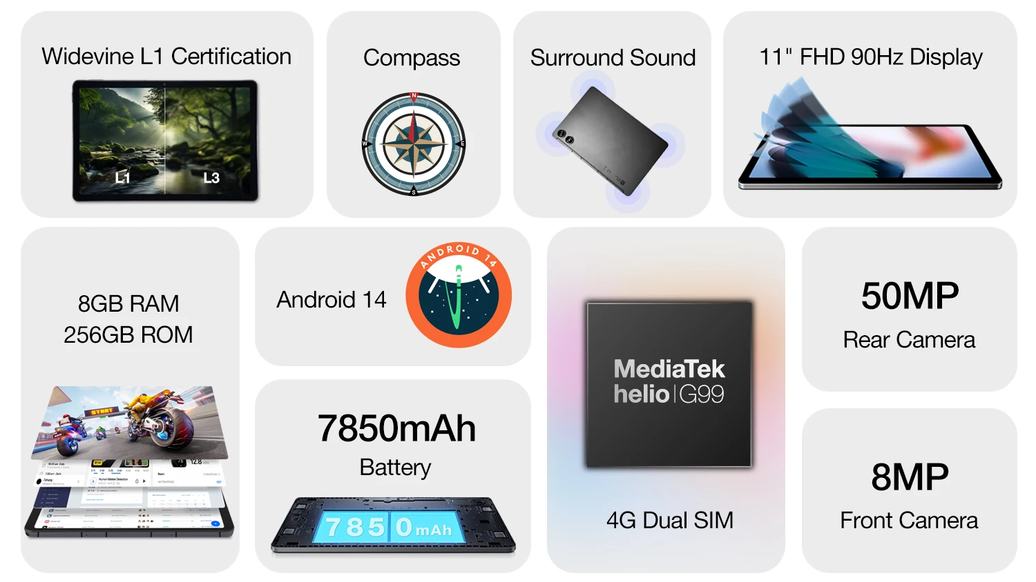 AGM Pad P2 Tablet 11" Fhd Display 480Nit Brightness 8Gb+256Gb Mtk G99 50Mp Camera 7850Mah Battery Widevine Tablet