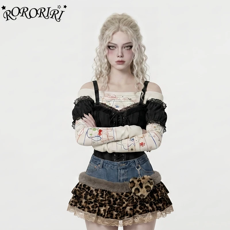 RORORIRI Harajuku Mini Denim Skirt with Keychain Cutecore Leopard Lace Trim Patchwork Ruffle A-line Cake Skirt Gyaru Streetwear