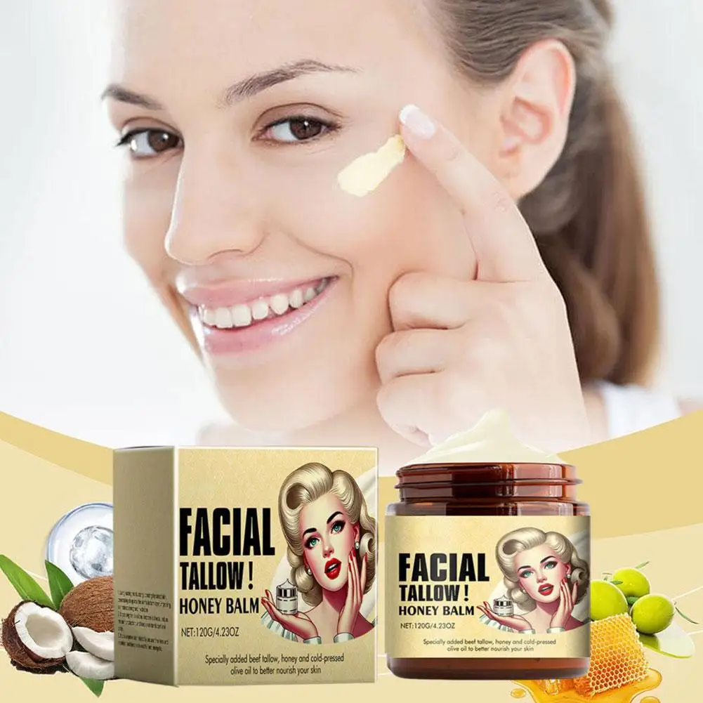

Facial moisturizing cream of beaten calf tallow, honey balm, facial and body skin care, grass fed, grass finish, /120g