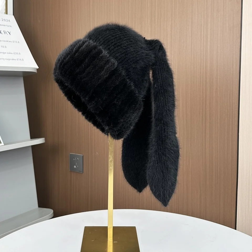 Autumn Winter New Rabbit Style Ear Real Mink Fur Trim Hat Warm Comfortable Ear Protection Cute And Sweet for Outdoor Cap