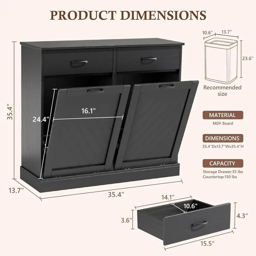 Dual Bin Trash Can Cabinet, 2x13 Gallon Concealed Waste Bins, Storage Cabinet for Kitchen, Laundry, Living Room, Black