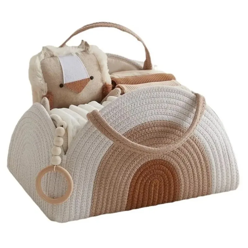 Woven Cotton Rope Baby Diaper Organizer Large Capacity Portable Diaper Basket Newborn Essentials Diaper Storage Bag