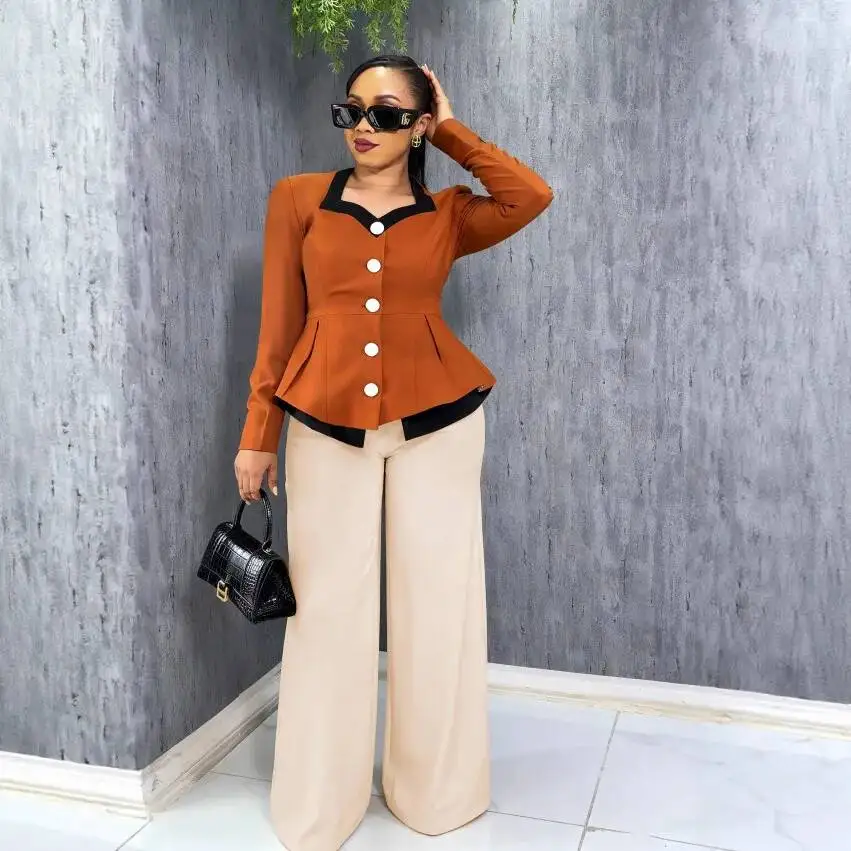 Fashion lady Versatile Two-Piece Set Color-Block Square Neck Ruffle Top Wide-Leg Pants Suit