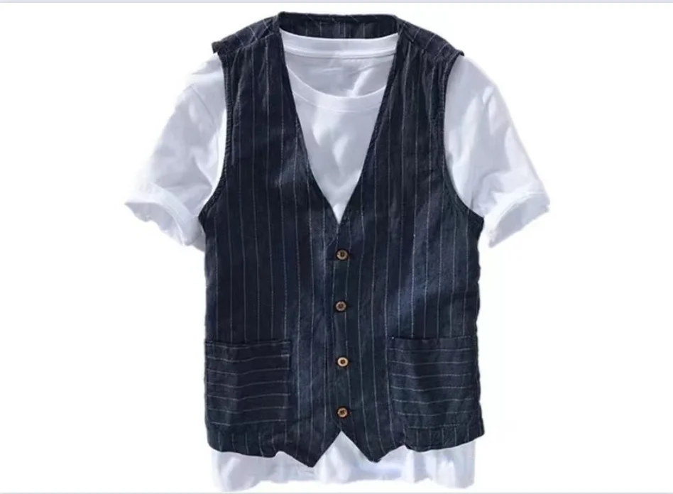 2024 Fashion Striped  Vest for Men Casual Linen Loose Fitting Waistcoat