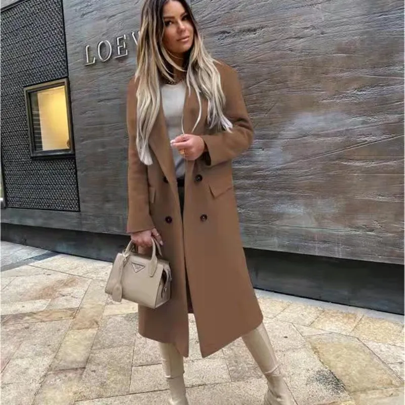 

Long Doublebreasted Wool Coat Fall Winter 2025 Sve Sle Ladies Faion Pure Color Button up Coat Ele Ladylike Outerwear