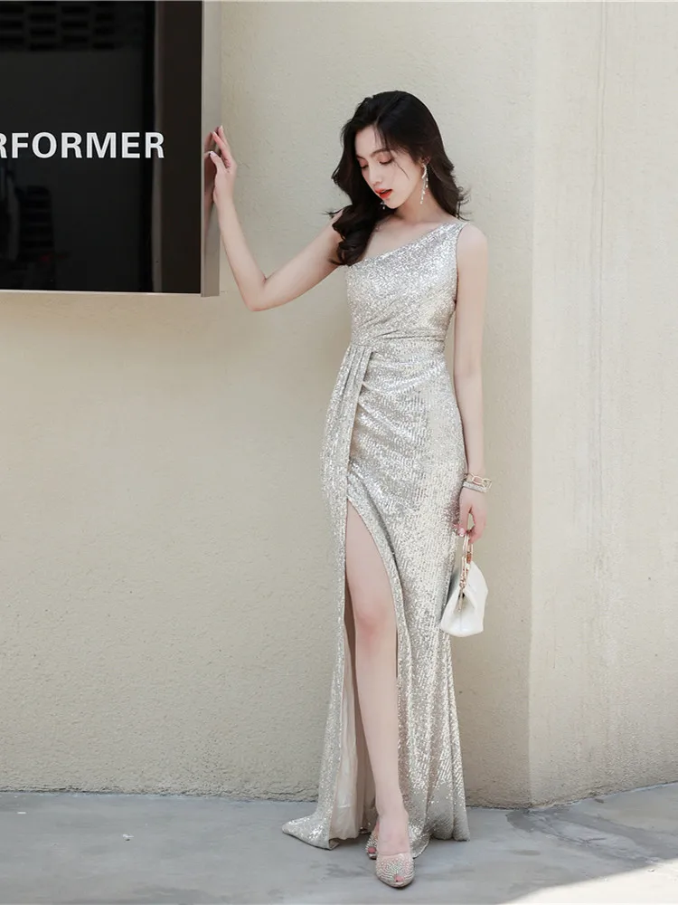 

Серебряное вечернее платье с пайетками 2024: Новое модное платье на одно плечо, роскошное матовое, элегантное, длинное, для свадьбы