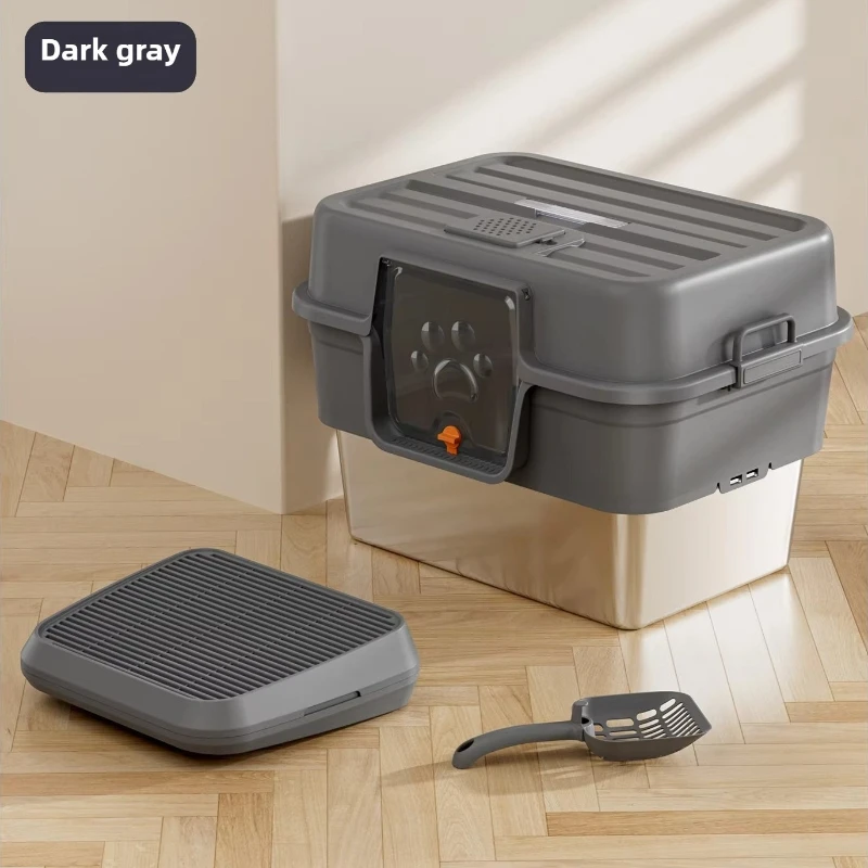 Vollständig geschlossene, übergroße Katzentoilette, tragbare Toilette aus Edelstahl und Kunststoff mit Spritz- und Urinenschutzzubehör