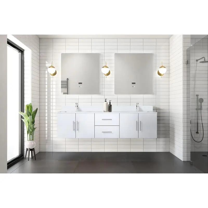 Vanité de bain double blanc brillant de 72 pouces avec profondeur de 22 pouces, plateau en marbre de culture, ensemble de robinets et miroirs LED de 30 pouces