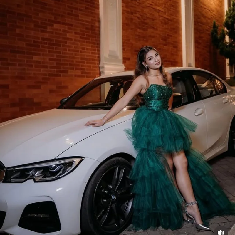 Темно-зеленые платья Quinceanera по индивидуальному заказу с открытыми плечами и хрустальной аппликацией, кружевное многослойное платье с длинным хвостом, Vestido 15, Quinceanera