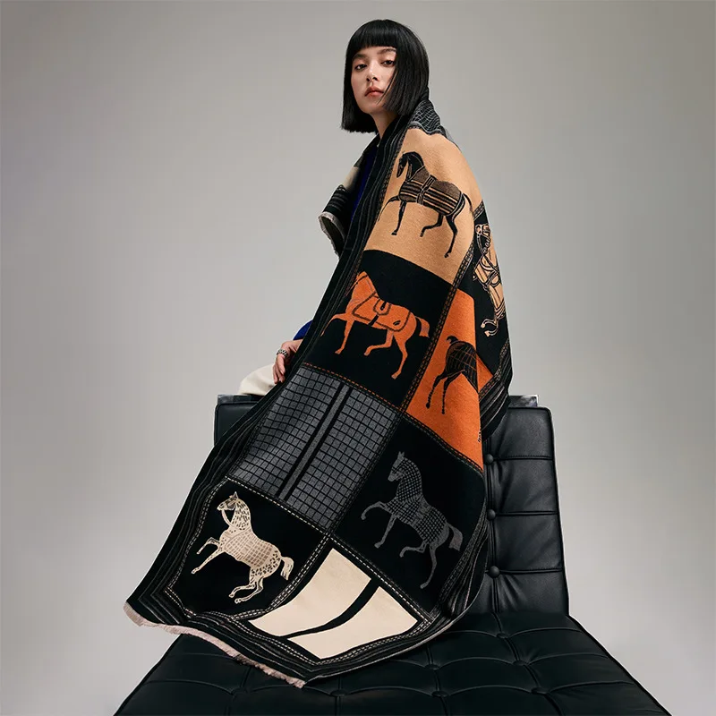 Bufanda de Otoño Invierno para mujer, chales Pashmina con estampado de caballo, manta de Cachemira, estolas gruesas y cálidas para mujer, Bufanda para exteriores