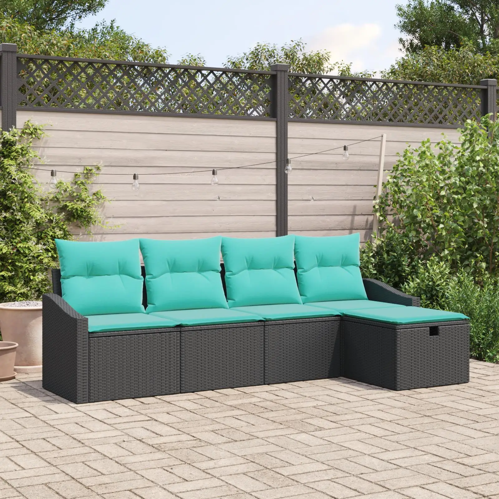 

5 Piece Black Poly Rattan Garden Sofa Set with Cushions Outdoor Furniture Comfortable Seating for Patio Balcony Backyard