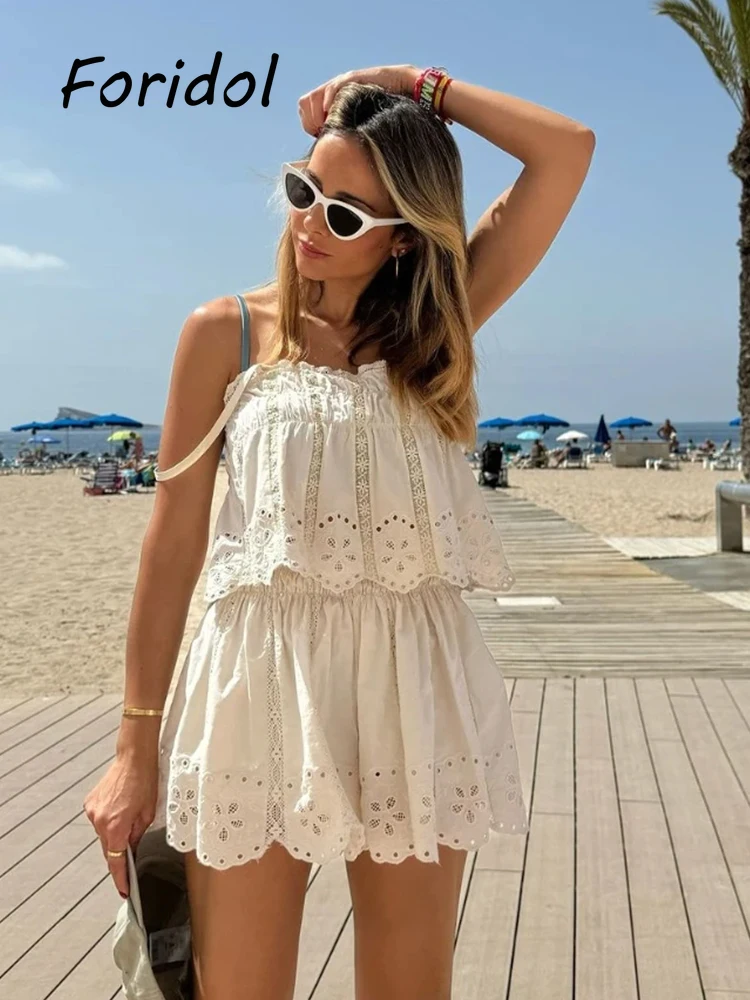 2024 Women's Beach Boho Style Matching Sets Blouse Tops and Shorts romper Hollow Out Embroidery Suits Summer Blusas Mujer New