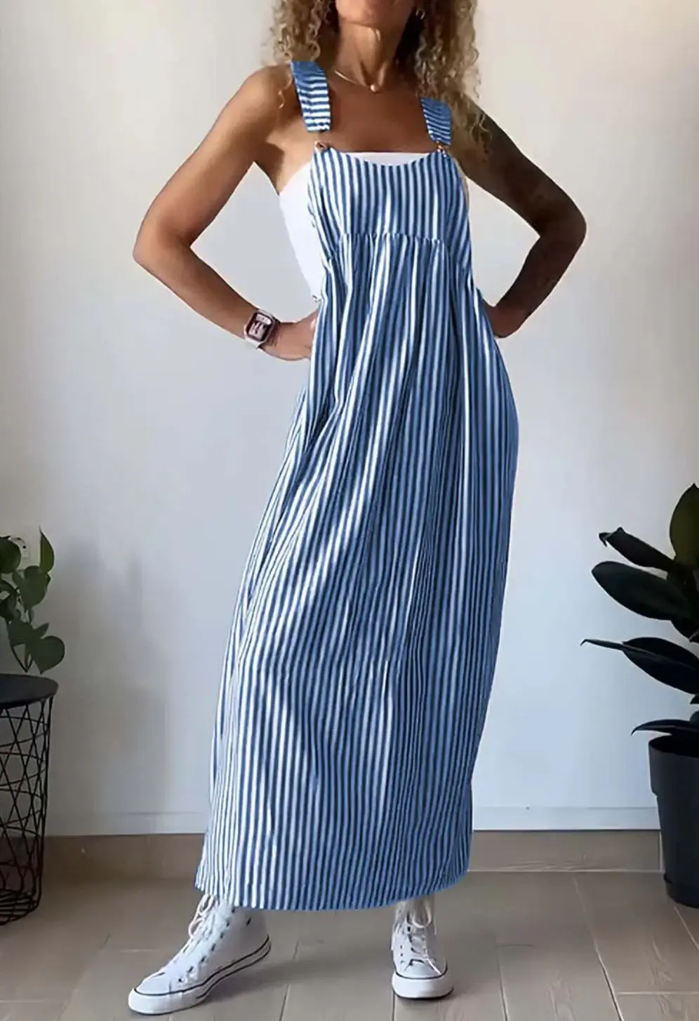 

Fashion Stripe Printed Dress Loose Casual Boho Vacation Sleeveless Long Dresses Spring Summer New Commuter Women's Clothing