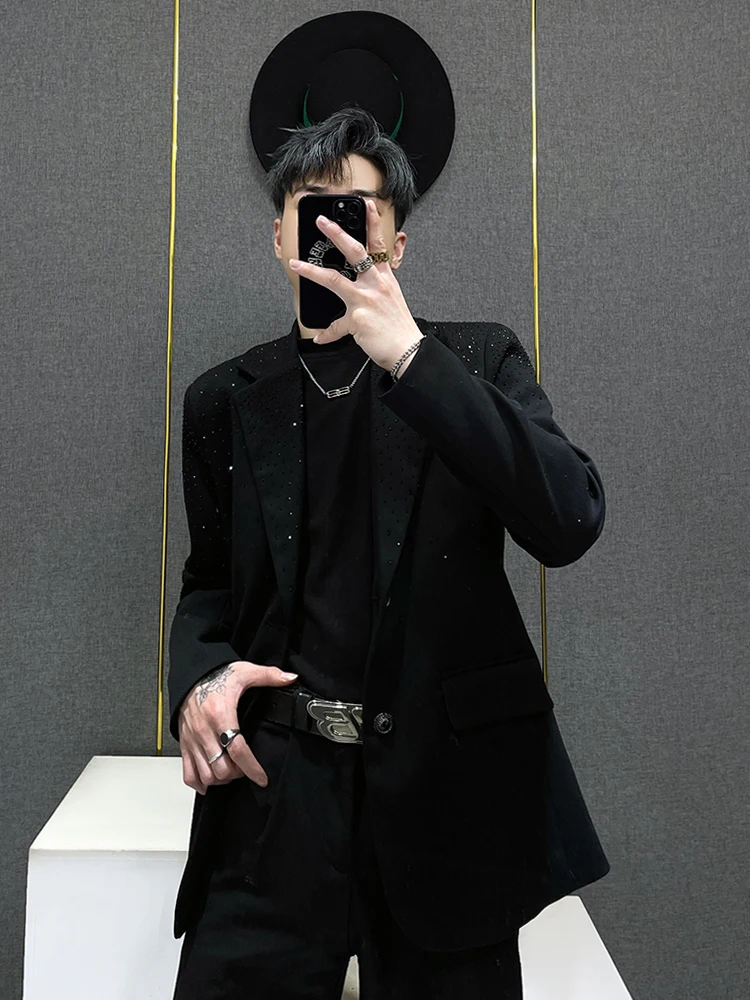 

High-Street Style Men's Jacket with Embellished Diamonds Loose Fit Fashionable Korean Brand Spring Autumn Wear