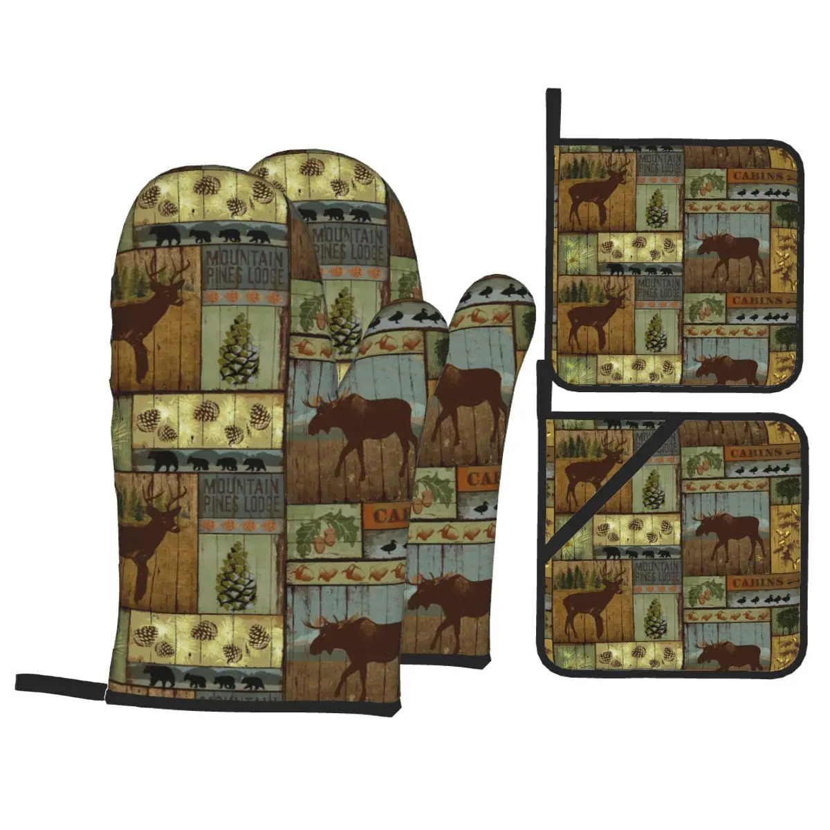 

Moose Deer Cabins Oven Mitts and Pot Holders Sets of 4 High Heat Resistant Oven Mitts with Oven Gloves and Hot Pads