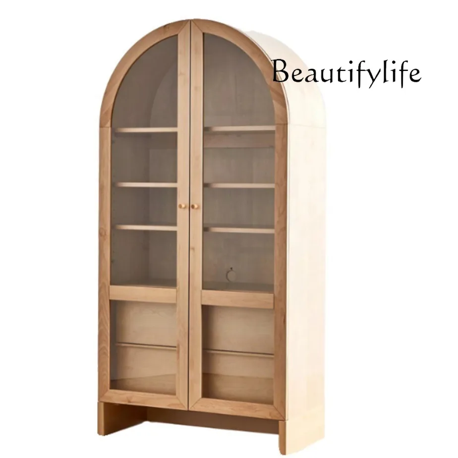 

American-Style Arched Bookcase French Retro Wine Cabinet Nordic Solid Wood Black Sideboard Cabinet with Glass Door