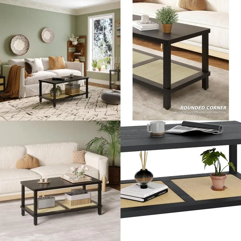

Handcrafted 2-Level Rattan Coffee Table, 39.3 Boho Chic Living Room Centerpiece, Easy Assembly, Black LCT55BK