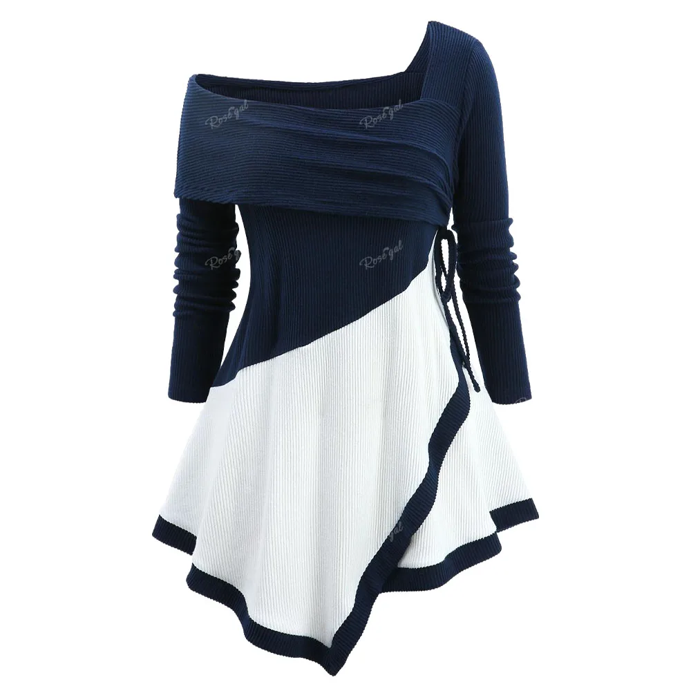 

ROSEGAL Plus Size Asymmetrical Tops Colorblock Patchwork T-Shirts Cinched Turn Down Collar One Shoulder Ribbed Textured Blouses