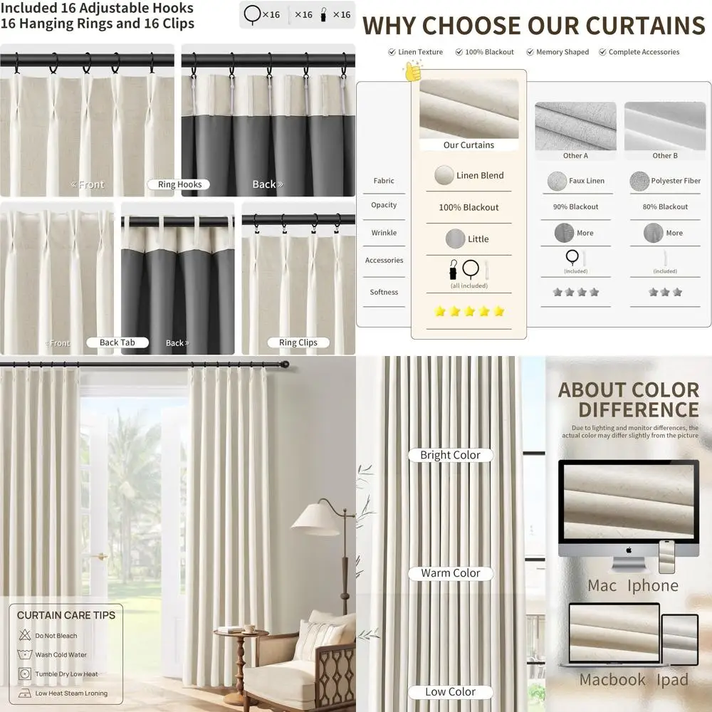 

Thermally Insulated Natural Linen Pinch Pleat Curtains, 84 Length, 2-Panel Set for Bedrooms, Dining and Living Rooms, Neutral Cr