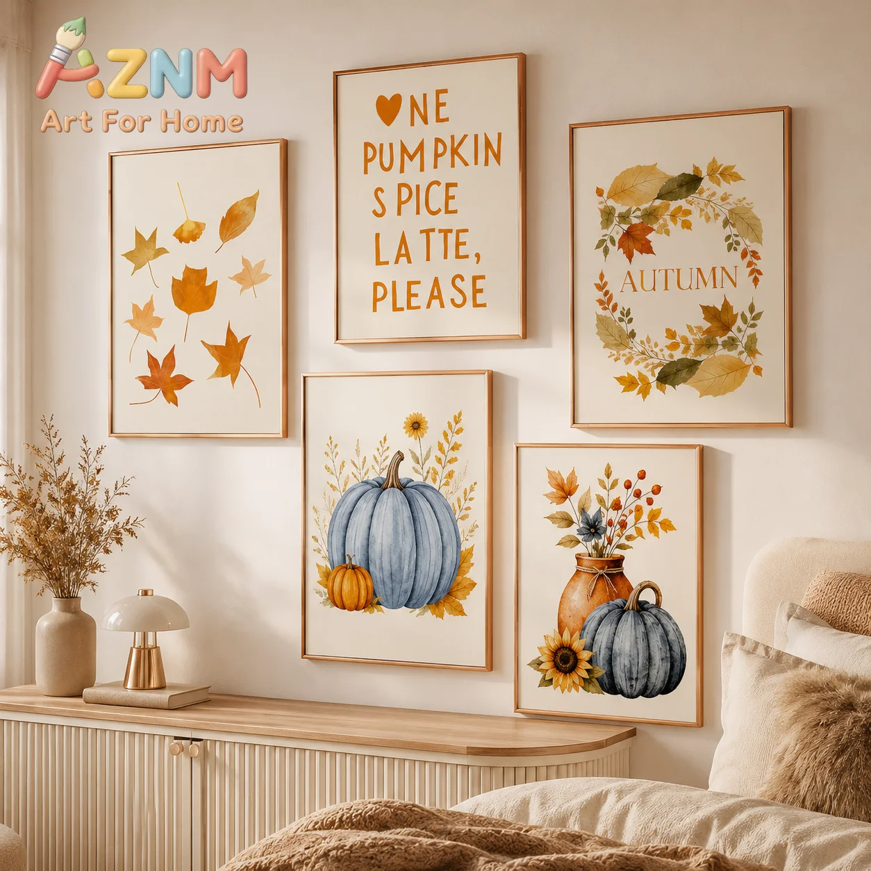 Fall Blue Pumpkin Canvas Prints Pumpkin Spice Latte Autumn Floral Wall Art Farmhouse Unframed Posters for Bedroom Kitchen Decor