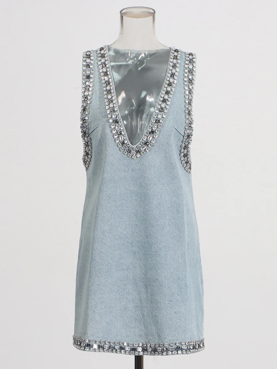 فساتين الدنيم الصلبة الفاخرة تقسم للنساء الخامس الرقبة مع الماس بلا أكمام عالية الخصر مزاجه فستان قصير الإناث #2