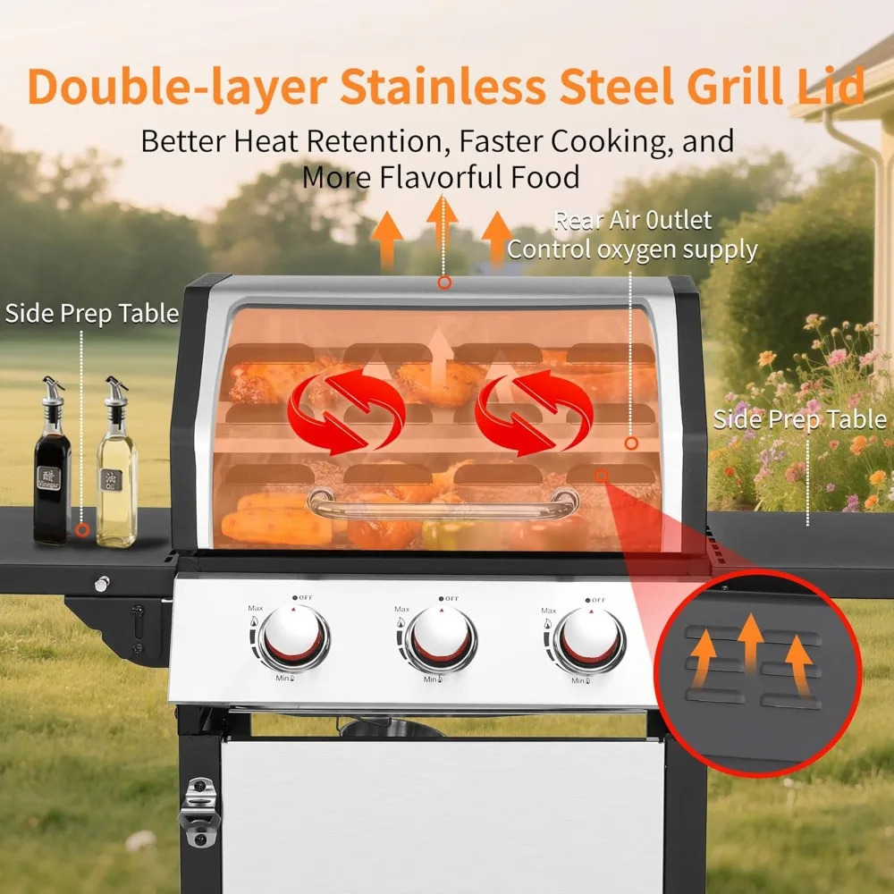 

3-Burner Propane Gas Grill 30000 BTU Output Double-Layer Stainless Steel Lid Cast Iron Cooking Grids Easy-Clean Outdoor Kitchen
