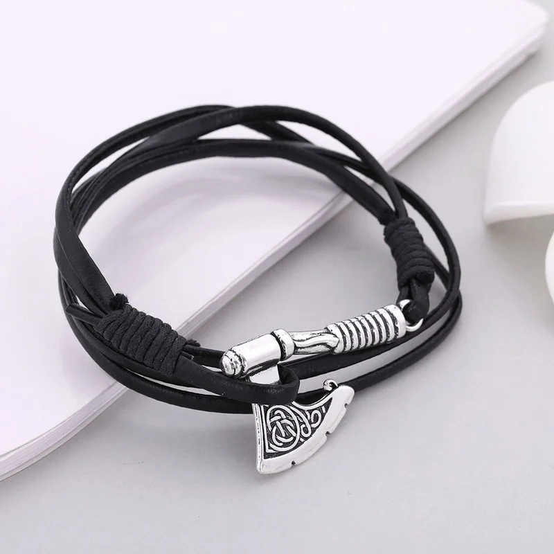 Norse Vikings Axes Wrap Bracelets Men Mjolnir Hammer Camping  Survival Wristband Amulet Handmade Male Jewelry Gifts