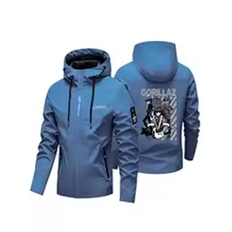 Black White Cartoon Band Figure Print Men's Hooded Windbreaker Full Zip Windproof Outdoor Jacket Street Outerwear for Men