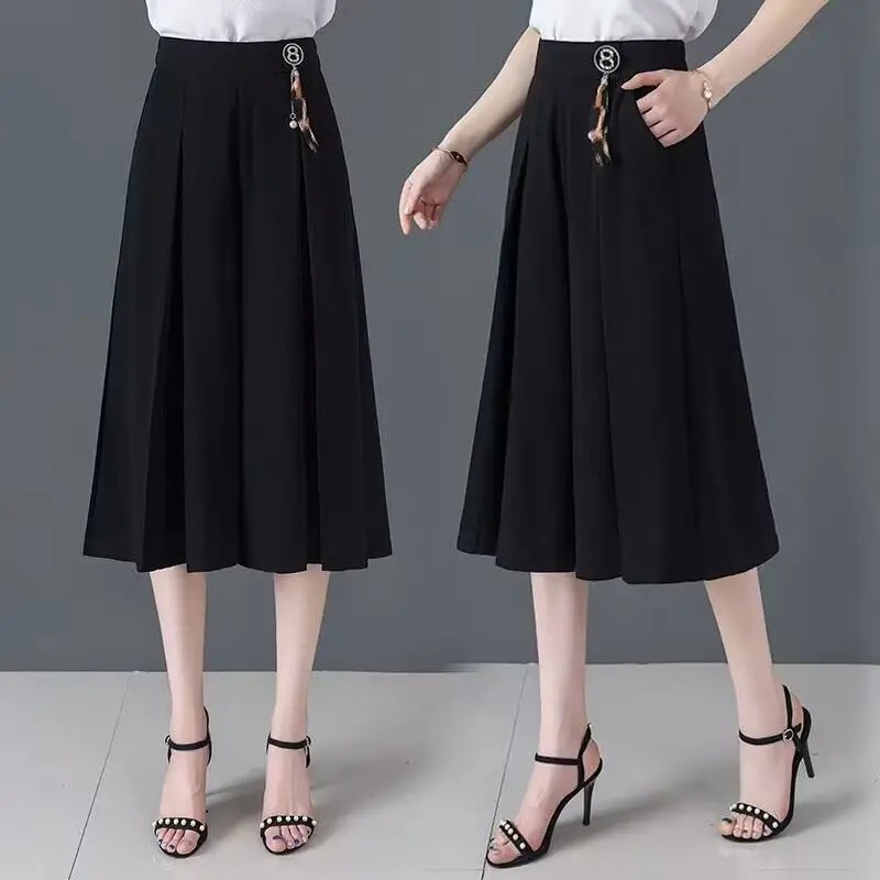 2023 New Summer Fashion Pleated Solid Color Elastic Waist Wide Leg Pants Ladies Simplicity Loose Calf-Length Pants Women Clothes