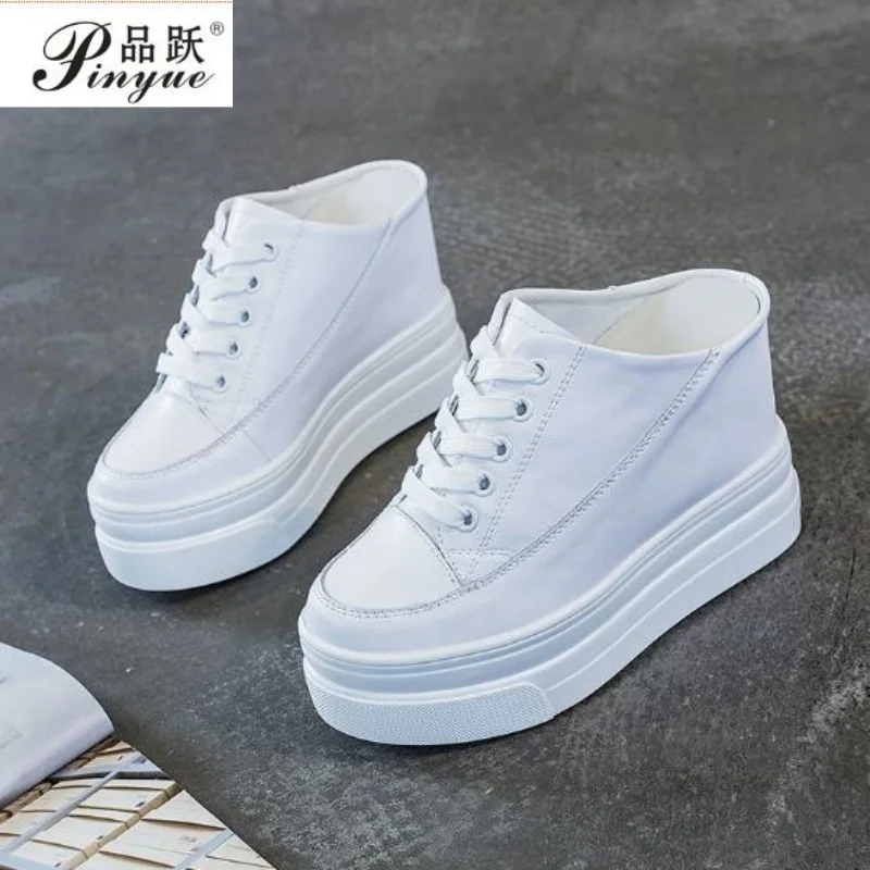 

Женские туфли-мюли на платформе 11 см, из натуральной кожи, со скрытым каблуком, летние белые туфли, шлепанцы, сандалии, повседневная обувь