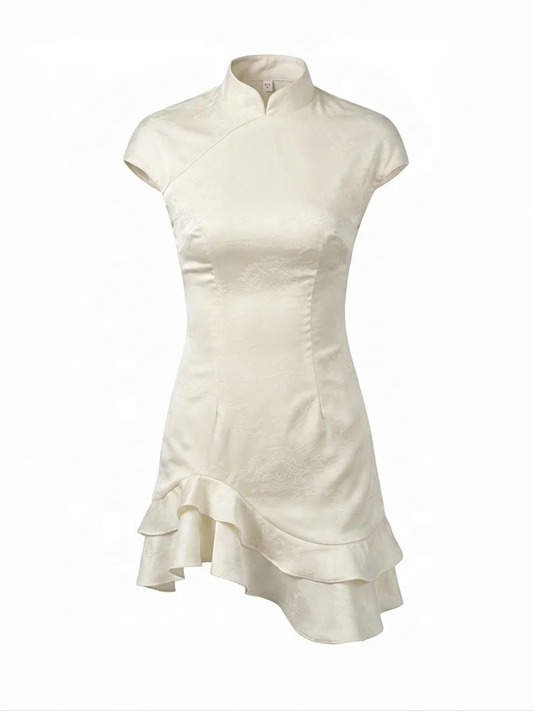 Women's Satin High-Waist Mini Dress with Ruffle Sleeve