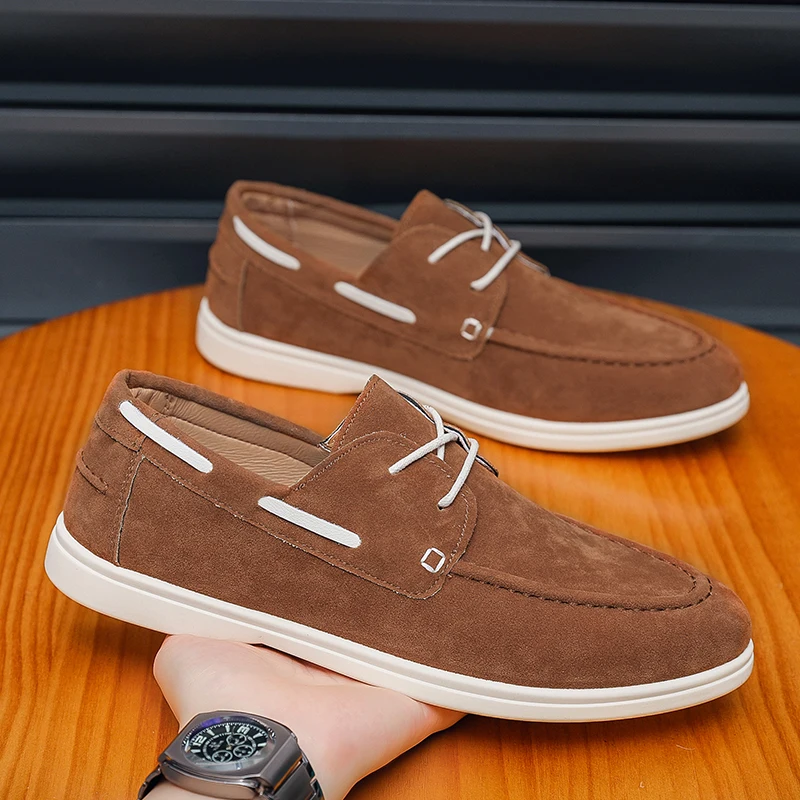 Sepatu Bisnis Pantofel Pria Sepatu Kasual Pria Sol Lembut Kulit Suede Sepatu Gaun Datar Retro Sepatu Slip On Desainer Pria