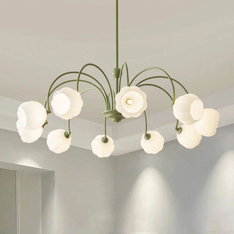

MZISOSOD for French Style Cream Flower LED Chandelier Nordic Luxury Green Natural Retro Glass Ceiling Light Living Room