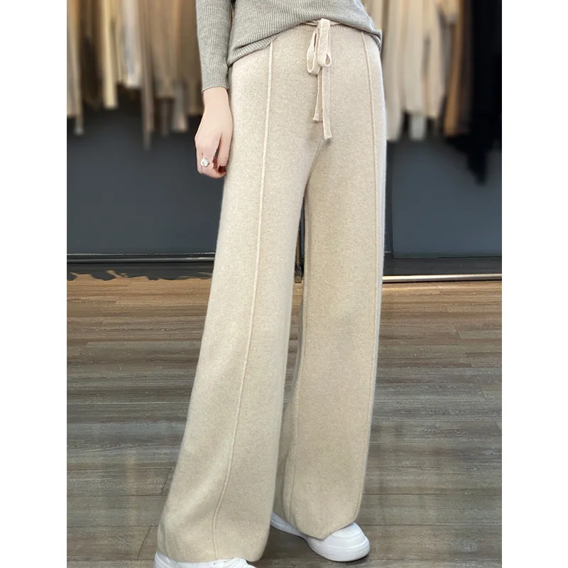 100% Pure Wool Pants Cashmere Wide Leg Trousers Women\'s Long Britches Knit Loose Casual Straight Leg Pants Autumn Winter New