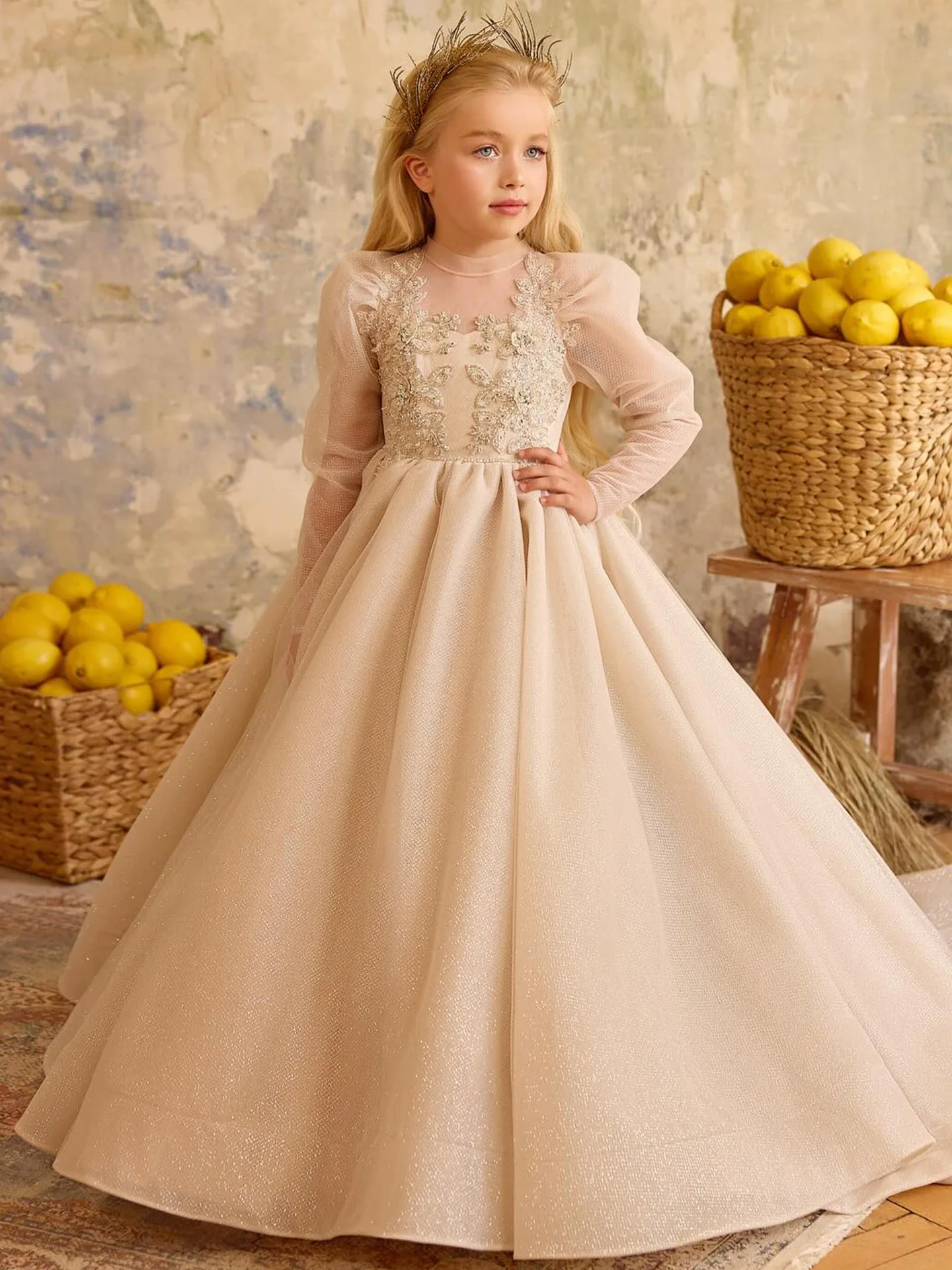Beige Sequin Flower Girl Dress First Christmas Party Dress Wedding Gown Long Sleeve Embroidered Formal Occasion Dress for Girls