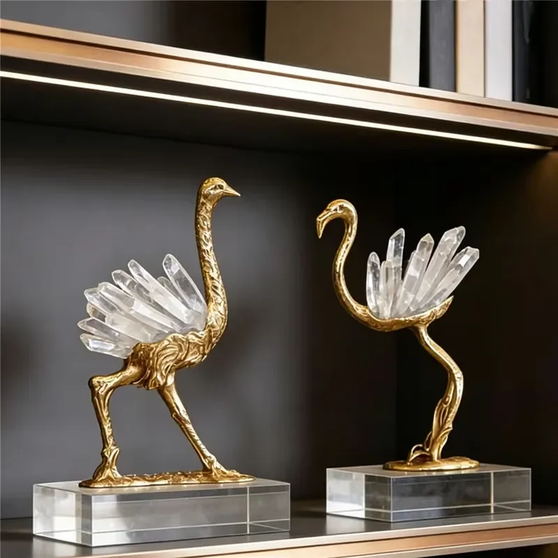 Luxury Gold Flamingo Statue on White Marble Base with Blue Agate Slice Elegant Home Decor for Living Room Desktop Ornament