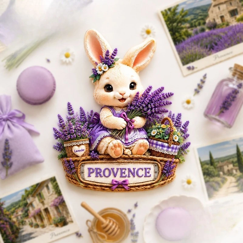 Provence Lavender Bunny Fridge Magnet - Charming 3D French Country Souvenir Unique European Gift for Travel & Rustic Decor