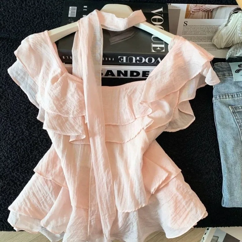 2026 Summer Women Sweet Halter Chiffon Top Multi Layer Ruffle Flutter Sleeve Shirt Elegant Fashion Slim Top