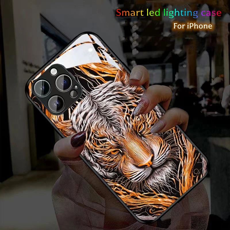 

Wolf King Totem LED Flash light Case For iPhone 15 14 Plus 13 16 Pro 12 11 XR XS max Luminous Animal Design Protective Cover