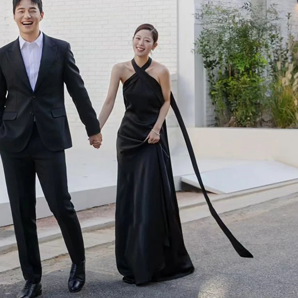 OEING Halter Korea Garden Evening Dresses Criss-Cross Sleeveless Formal 프롬드레스 Floor Length Elegant Prom Grown Party Women Bride