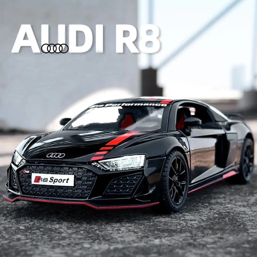 

1:24 AUDI R8 V10 Игрушки из сплава Модель автомобиля Литой под давлением Металлический корпус Звук Свет Откат Резиновые шины Автомобиль Мальчики День рождения Соберите подарки