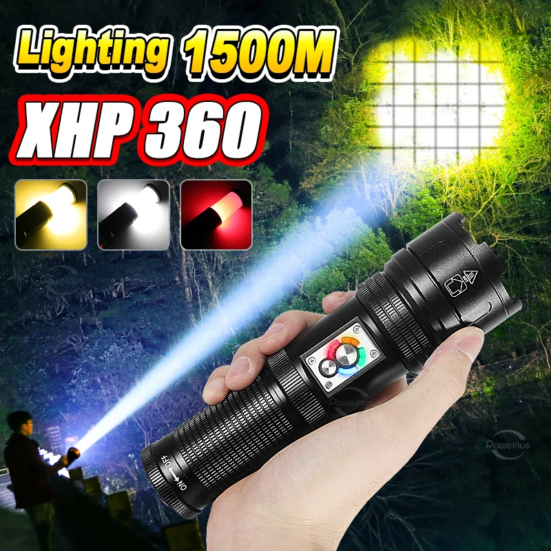 

High Bright XHP360 Strong Power Led Flashlight Rechargeable with USB Charging Searchlight Waterproof Torch Camping Lantern Light