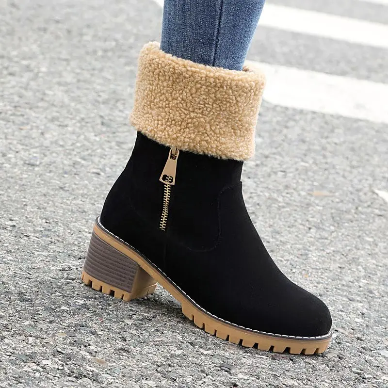 SIMLOVEYO المرأة منتصف العجل الأحذية جولة تو 6 سنتيمتر كتلة كعب سستة قطيع الجلد المدبوغ في الهواء الطلق شتاء دافئ تصميم المتضخم حجم 43 عادية #3