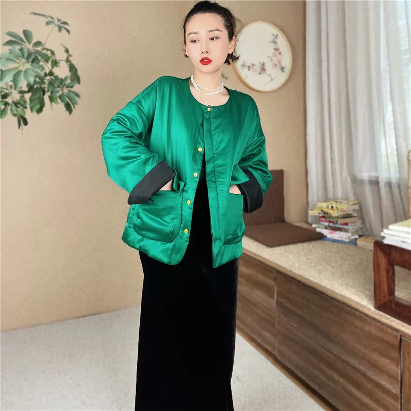 

Winter New Soft And Comfortable High End Silk Cotton Coat Women's O-Neck + Pocket Contrast Color Cuff Fashion Lady Jacket S-XL