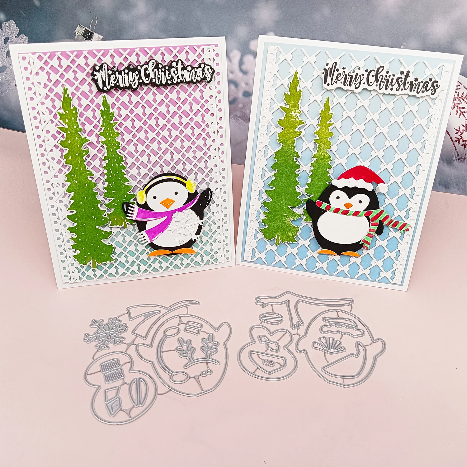 Winter Christmas Penguins Metal Cutting Die Cut  Or Vertical Words Joy Tree HoHoHo Handmade Card Template Dies Cutting Dies