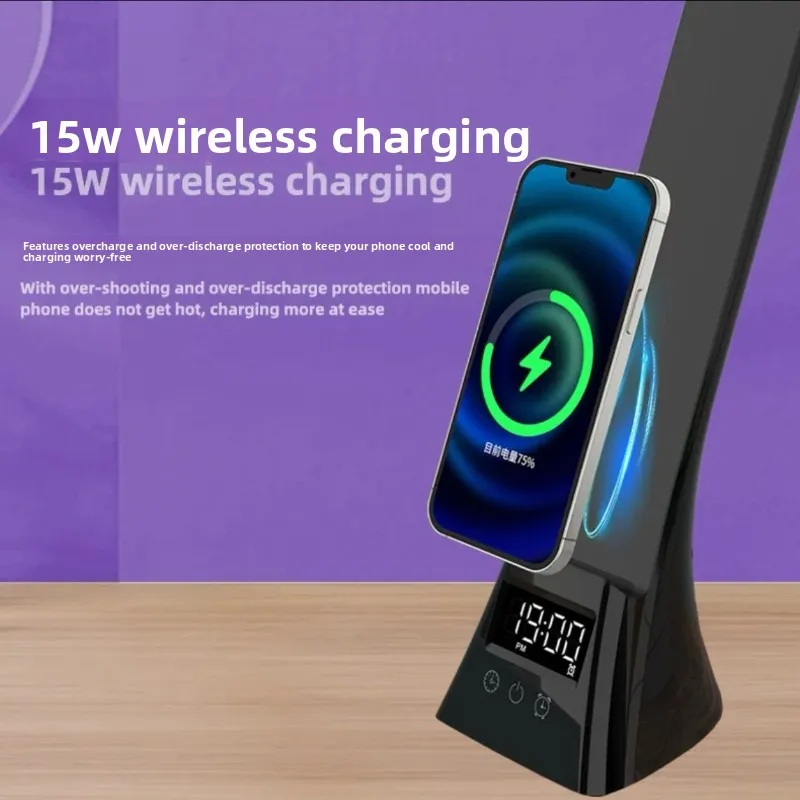 Jrf multifuncional lâmpada de mesa de carregamento sem fio com relógio de alto-falante bluetooth e luz noturna ambiente para leitura inteligente