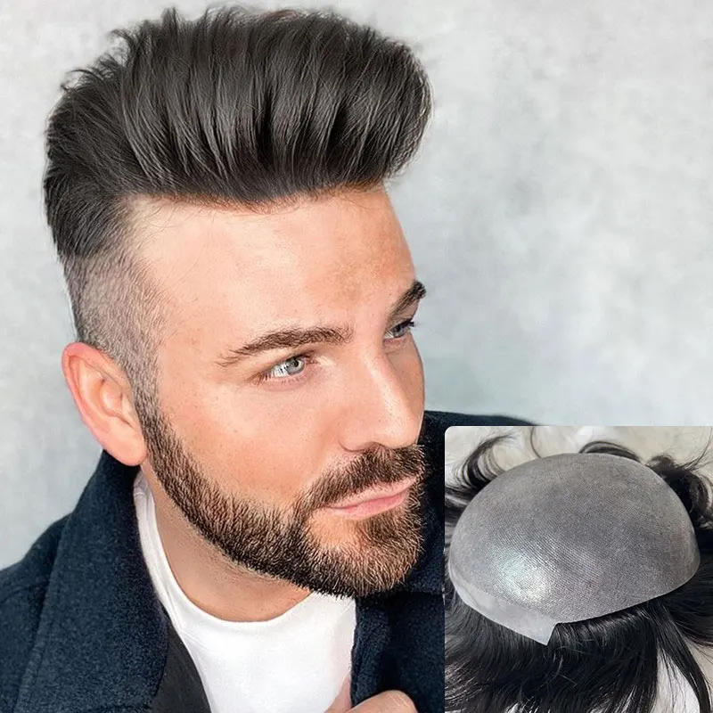 

Высококачественные индийские 100% человеческие волосы, полная основа из искусственной кожи, 0,06 мм, инъекционная тонкая кожа, v-образная петля, сменная система, парик для мужчин