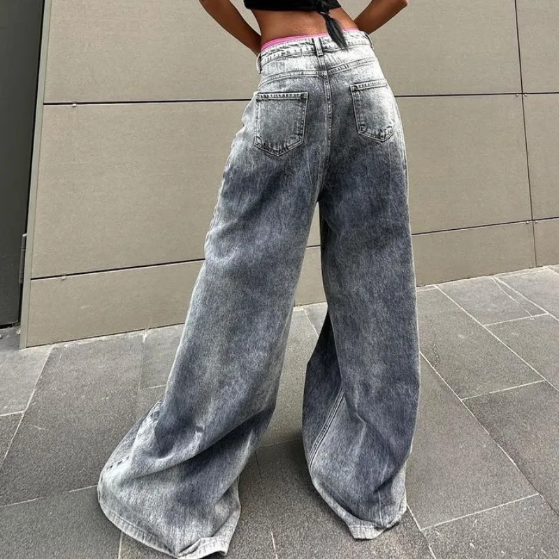 Sexy Beauty Streetwear Gray Tie Dye Low Waist Jeans Female Clothes Street Trendsetters New Fashion Women Wide Leg Denim Pants